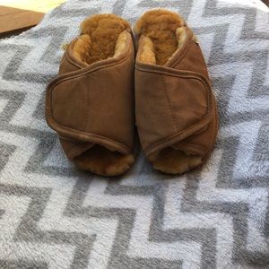 Tan Velcro adjustable slides sandals